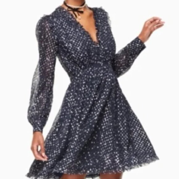 kate spade Dresses & Skirts - Kate Spade Night Sky Navy Lurex Long Sleeve Fit and Flare Mini Dress L EUC